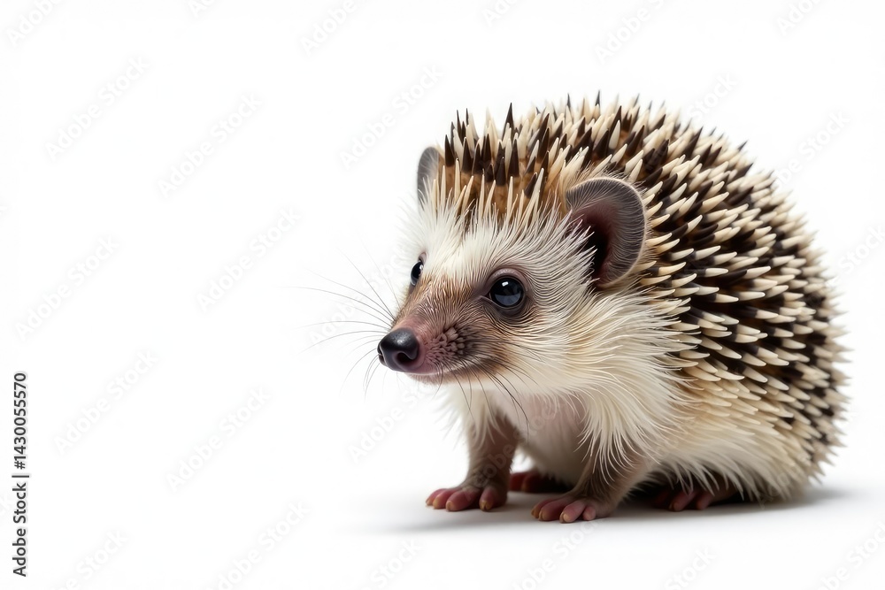 Naklejka premium Close-up of a solitary hedgehog against stark white, pet, texture, background