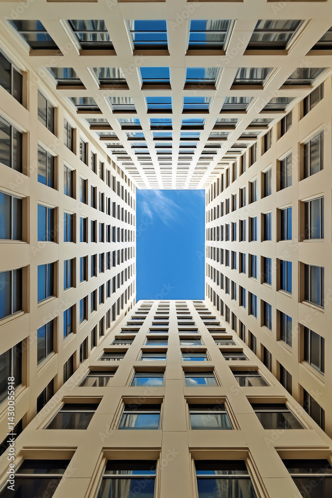 Upward view of tall modern building with symmetrical facade against blue sky. Geometric design in minimal architecture