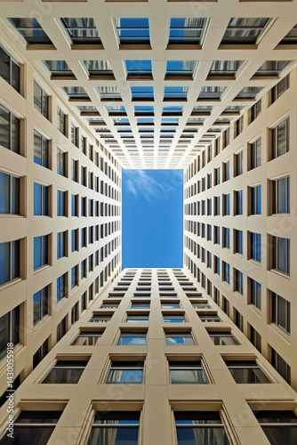 Obraz na płótnie Upward view of tall modern building with symmetrical facade against blue sky. Geometric design in minimal architecture w salonie