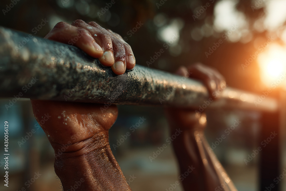 Close-up of male hands gripping horizontal pull-up bar during outdoor workout. Concept of fitness, calisthenics and sports exercises