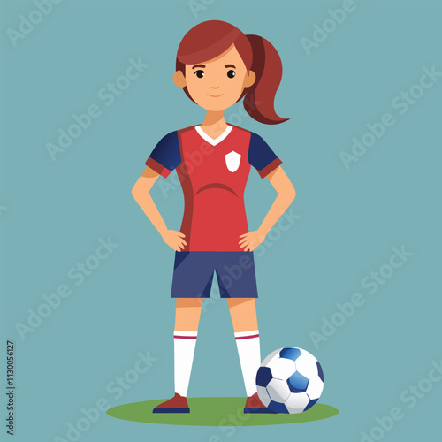 Soccer women, female football player with ball, isolated vector , high contrast illustration, front view 