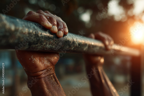 Obraz na płótnie Close-up of male hands gripping horizontal pull-up bar during outdoor workout. Concept of fitness, calisthenics and sports exercises w salonie