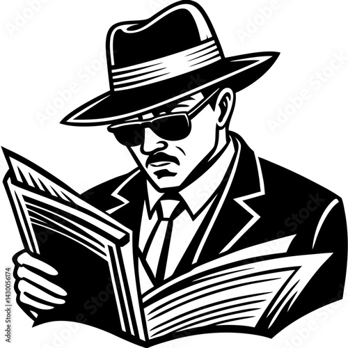 Man in hat reading newspaper silhouette art