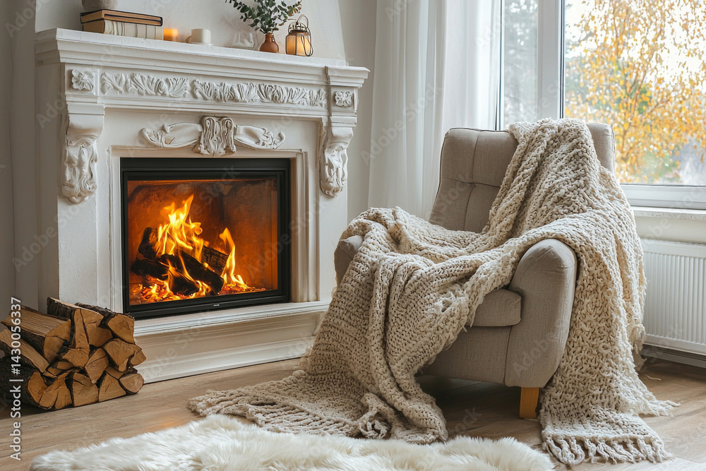 Hygge living room interior with blanket on cozy armchair and burning fireplace. Comfortable home corner for relaxation