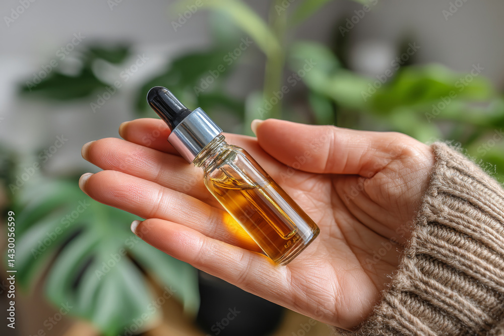 Dropper bottle with skincare serum or essential oil in female hand. Natural cosmetics, self-care and wellness concept