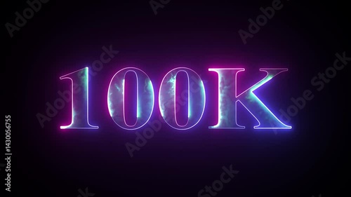 Abstract glowing neon light 100K letter animation. 100K followers or subscribers