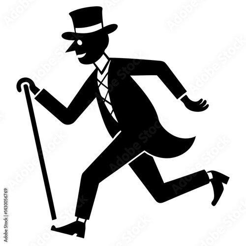 Silhouette of a man running with cane and hat