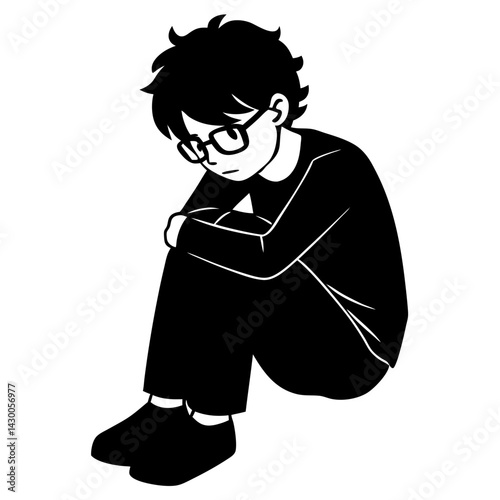 Sad boy sitting with knees drawn to chest