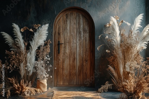 A wooden arched door is flanked by dried ornamental plants