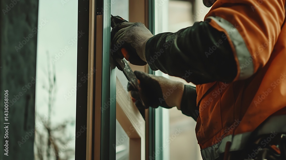 Construction Worker Installing a Window Construction Worker Installing a Window