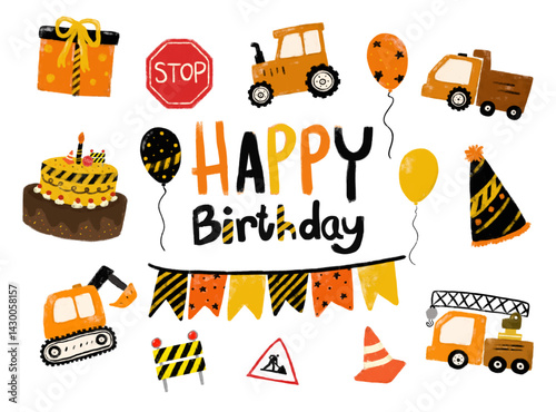 cute set birthday party in construction site theme kids boy invitation card design theme in orange black yellow colourful bright vibrant color heavy machinery digger crane clipart vector illustration