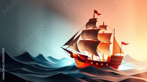 Vintage sailing ship on the waves at sunrise