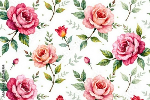 Delicate watercolor roses & leaves, repeat pattern, vintage, repeat, seamless pattern