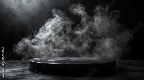 Polished black podium, dark smoke forming abstract shapes, artistic