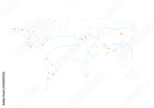 Obraz na płótnie A visual representation shows a world map with interconnected lines and nodes symbolizing global data flows and communication pathways, highlighting intercontinental connectivity