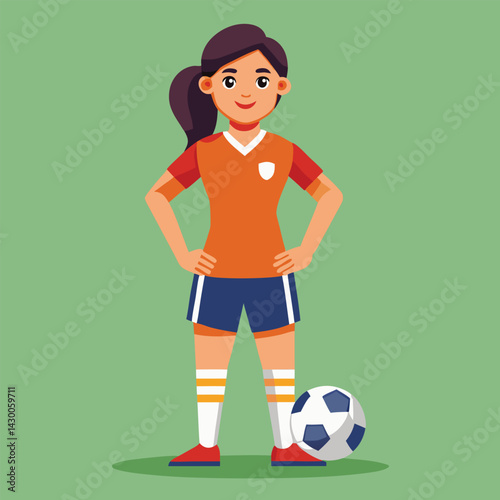 Soccer women, female football player with ball, isolated vector , high contrast illustration, front view 