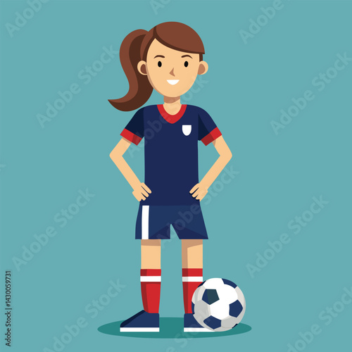 Soccer women, female football player with ball, isolated vector , high contrast illustration, front view 