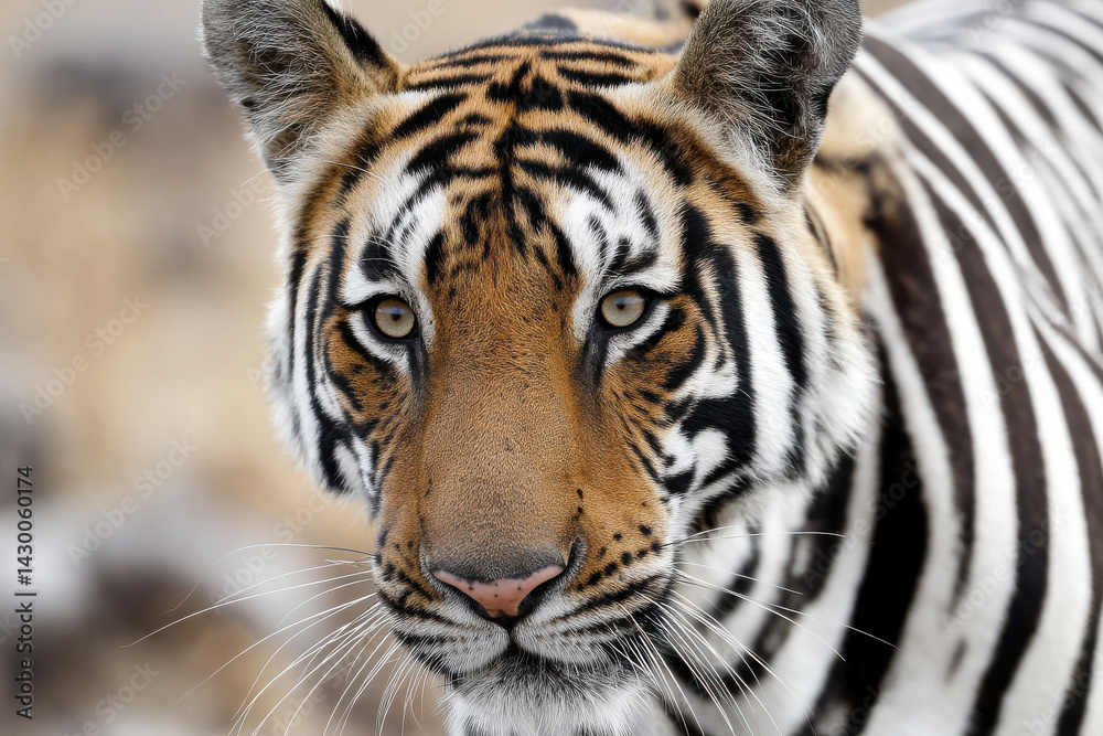 Obraz premium Tiger Wearing Zebra Stripes Camouflaged on the Savannah