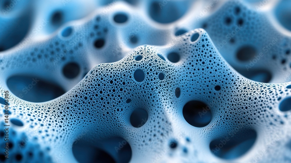 Close-up of a porous blue structure made of small, interconnected bubbles. Good for science, medical, or abstract concepts involving structure and design. Close-up of a porous blue structure made of small, interconnected bubbles. Good for science, medical, or abstract concepts involving structure and design.