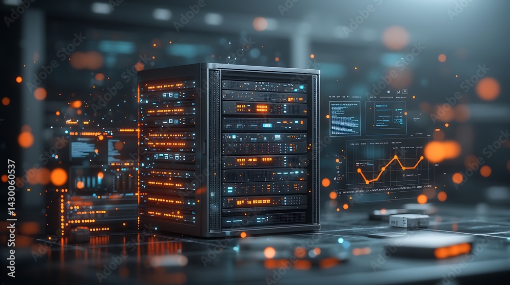 Obraz premium Server rack with data visualizations, abstract digital network environment