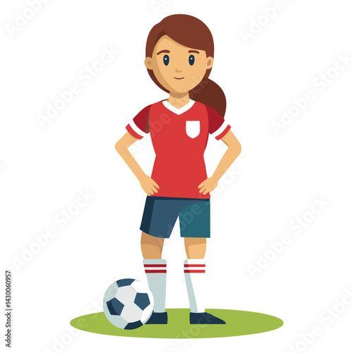 Soccer women, female football player with ball, isolated vector , high contrast illustration, front view 