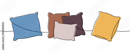 Set of cozy pillows one line colored continuous drawing. Comfortable pillows for sleep. Vector illustration.
