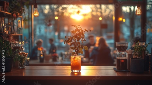 Sunset Cafe: Orange Drink with Plant on Bar, Warm Light and Blur