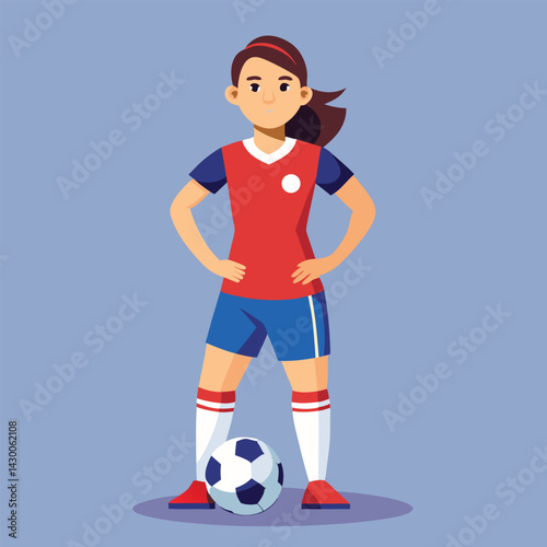 Soccer women, female football player with ball, isolated vector , high contrast illustration, front view 