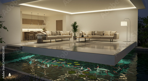 Wallpaper Mural Interior showcases living room with pond and Koi fish swimming peacefully inside Torontodigital.ca