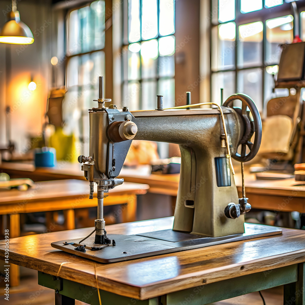 Fototapeta premium sewing machine on table in tailor workshop