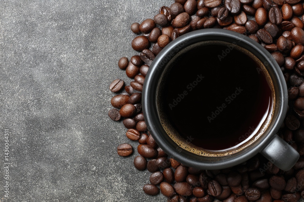 Dark coffee in a mug, surrounded by coffee beans Dark coffee in a mug, surrounded by coffee beans