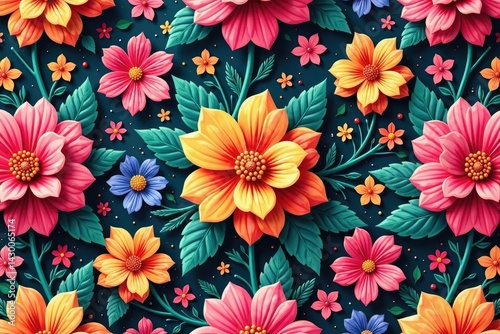 Intricate floral pattern, vibrant blooms seamlessly repeating, illustration, aesthetic
