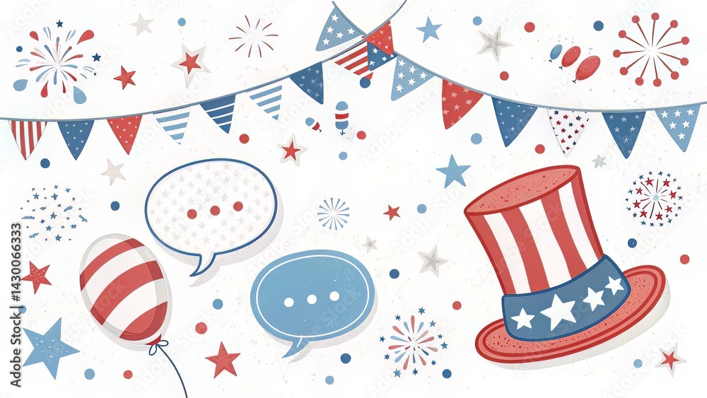 White background with text balloons, hats, flags, and star confetti in red, white, and blue. White background with text balloons, hats, flags, and star confetti in red, white, and blue.