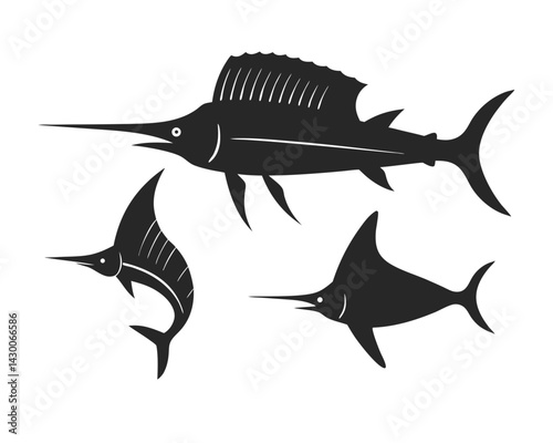 set of Blue Marlin vector silhouette illustration isolated on white background