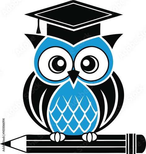 Cartoon owl logo with graduation cap blue owl sitting on pencil. vector illustration