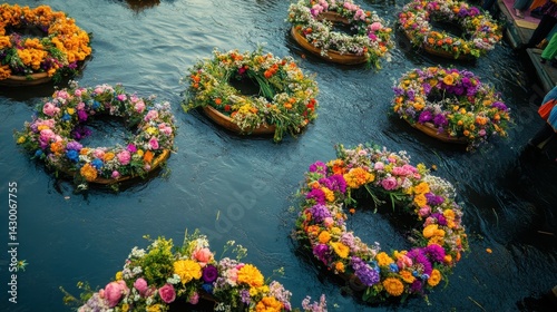 A traditional Polish Wianki festival with flower wreaths floating on a river.