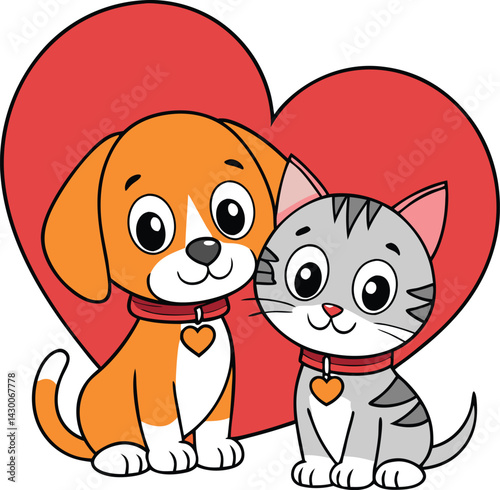 Cartoon puppy and kitten, large red heart, Valentine's Day theme 