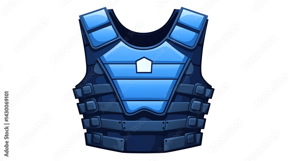 A blue and gray tactical vest with a white pentagon on the chest plate isolated on black background