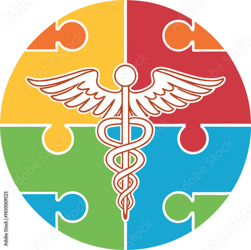 Colorful puzzle pieces caduceus symbol medical vector illustration