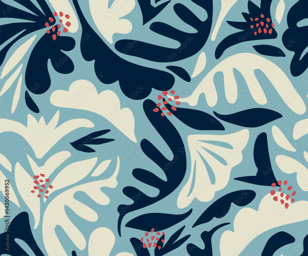 Fototapeta premium Abstract Сontemporary Seamless Pattern with Leaves and Flowers in Trendy Boho Style. Vector Botanical Texture. Seamless Pattern for Scandinavian Design. Modern Trendy Collage Template