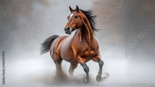 Majestic brown horse galloping through misty landscape during early morning light capturing beauty and freedom