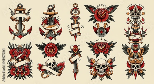 Traditional American Tattoo Flash Sheet: Anchors, Roses, Skulls, and Daggers
