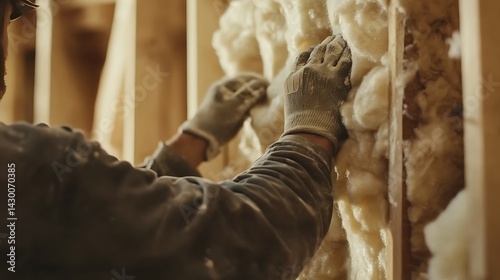 Worker Installing Insulation in a Building Frame
