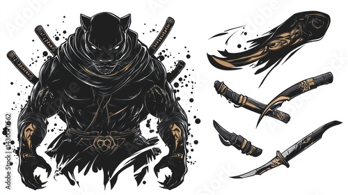 Illustration of a panther samurai warrior posing with swords, artistic design