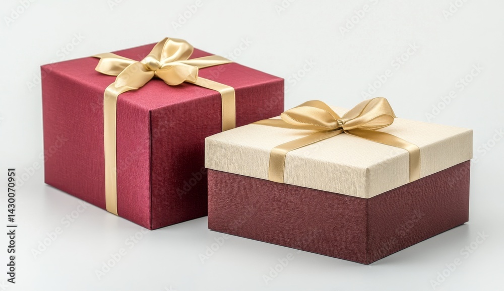 Fototapeta premium Two gift boxes with gold ribbon on white background