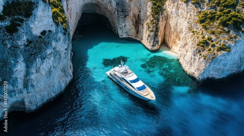 A private yacht anchored in a turquoise bay, surrounded by cliffs.