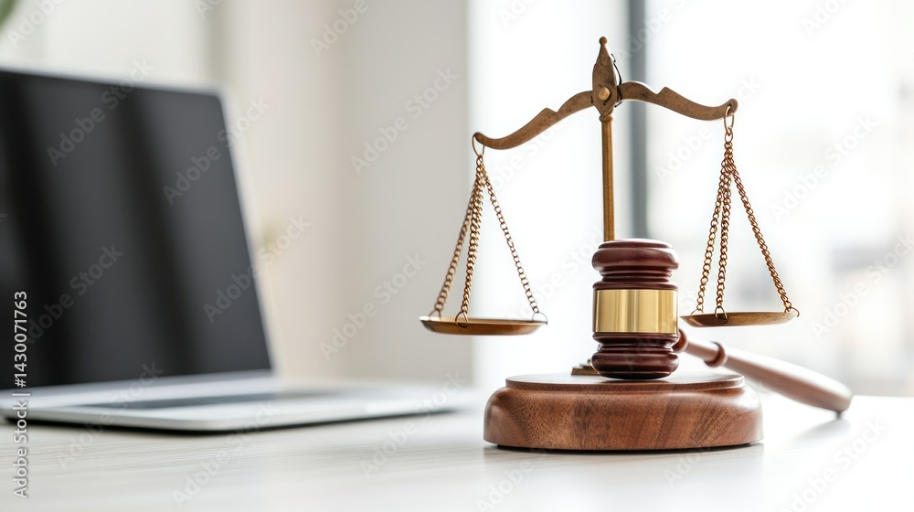 Justice scales and gavel on a desk with a laptop in the background. Justice scales and gavel on a desk with a laptop in the background.