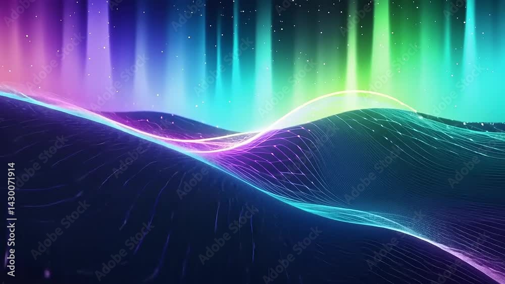 Neon Dreamscape:  A vibrant digital landscape with glowing aurora-like lights and a mesmerizing wireframe terrain.