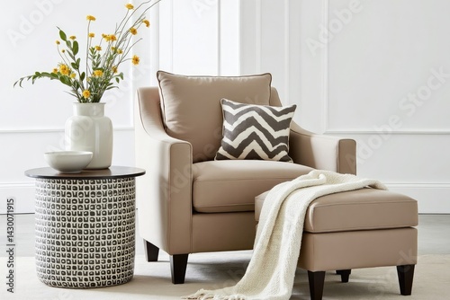 Elegant Neutral Armchair With Ottoman Footrest And Accent Table In Living Room