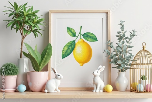 Charming Easter Still Life With Lemon Artwork Plants And Rabbit Figurines
